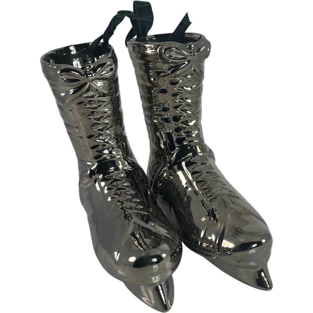 Vintage Ice Skate Boot Ceramic Vase Planter Set Silver Black Decor 6.5